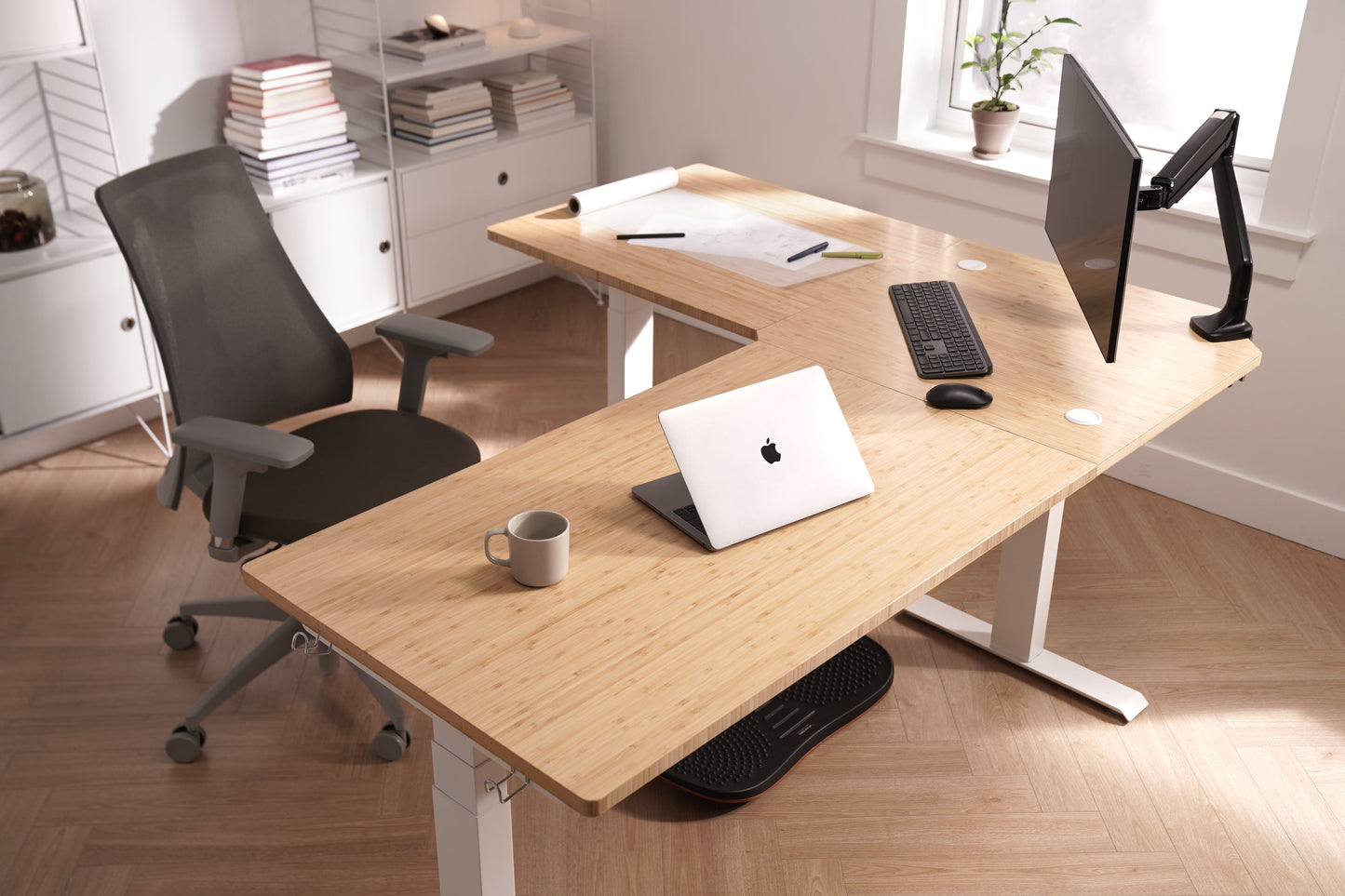 Vernal L-Shaped Standing Desks - Natural Bamboo/White