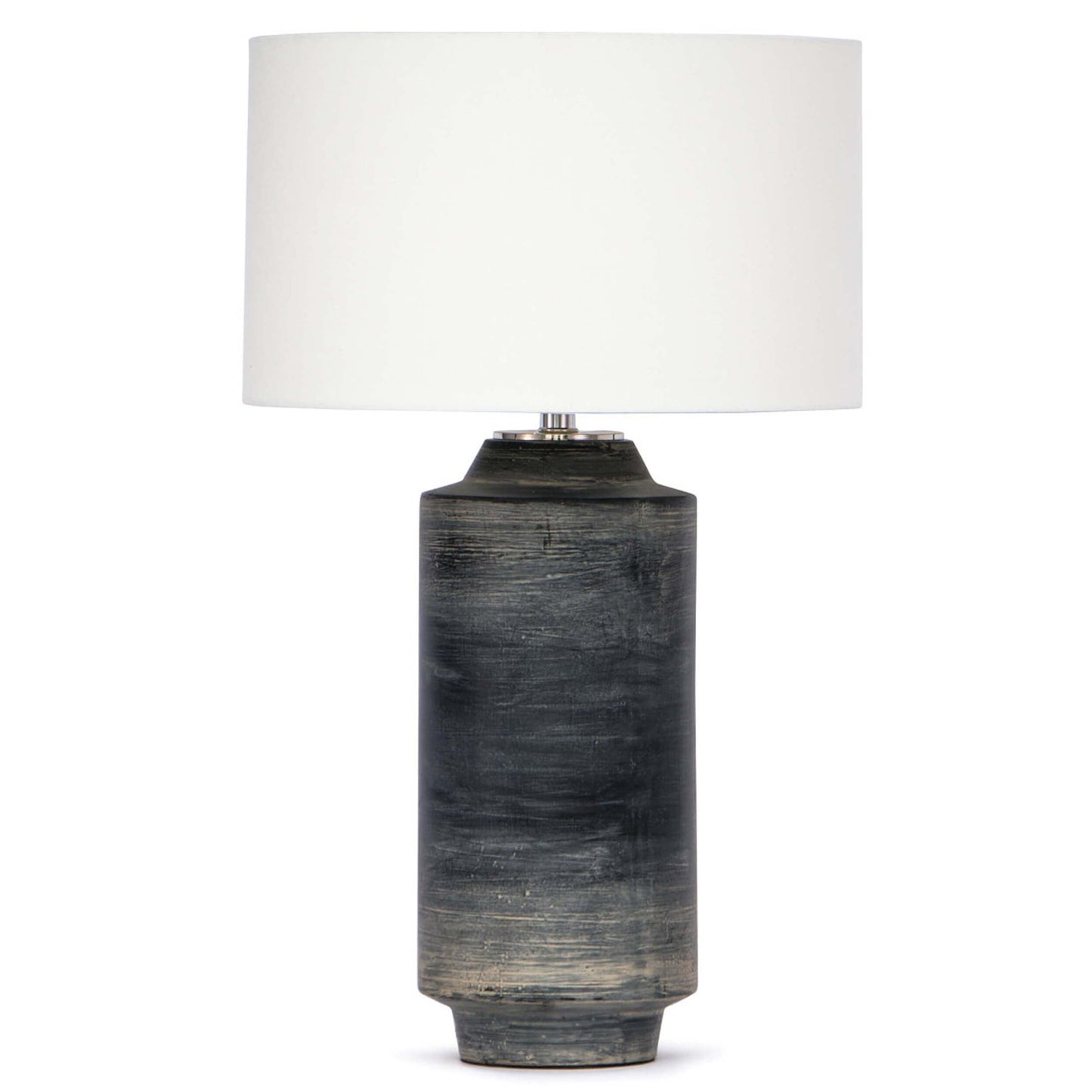 Dayton ceramic table lamp featuring a textured, time-worn ebony finish in a cylindrical silhouette, topped with a natural linen drum shade and polished nickel finial—blending industrial charm with refined design-1