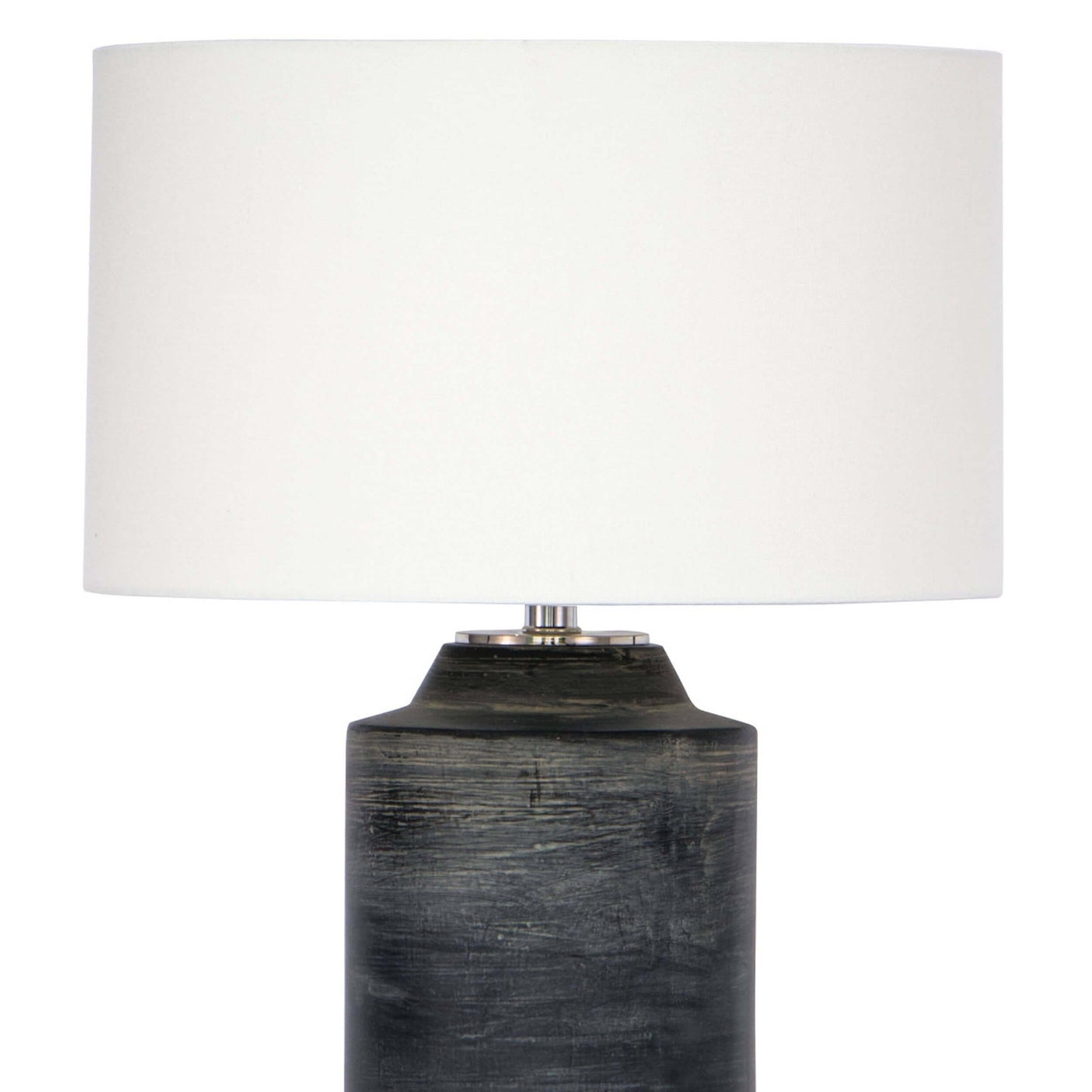 Dayton ceramic table lamp featuring a textured, time-worn ebony finish in a cylindrical silhouette, topped with a natural linen drum shade and polished nickel finial—blending industrial charm with refined design-2