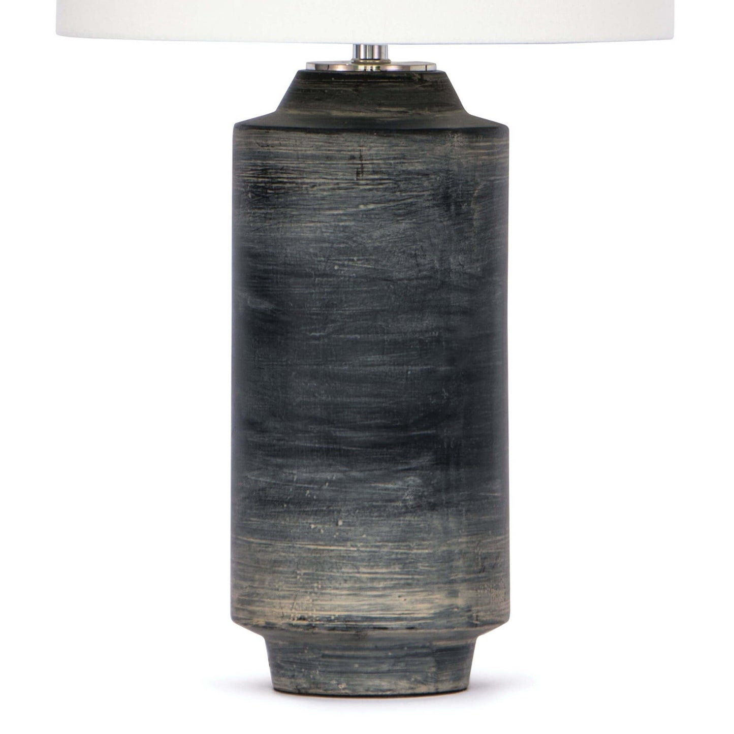 Dayton ceramic table lamp featuring a textured, time-worn ebony finish in a cylindrical silhouette, topped with a natural linen drum shade and polished nickel finial—blending industrial charm with refined design-3