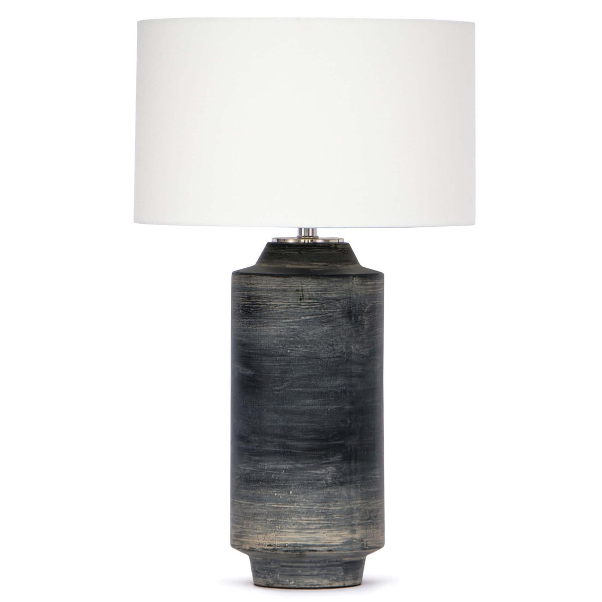 Dayton ceramic table lamp featuring a textured, time-worn ebony finish in a cylindrical silhouette, topped with a natural linen drum shade and polished nickel finial—blending industrial charm with refined design-1