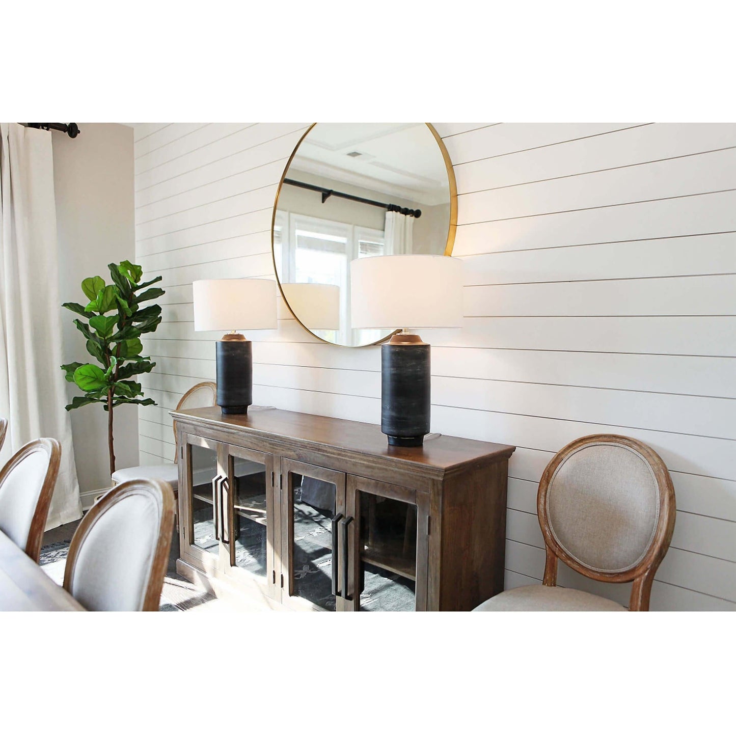 Dayton ceramic table lamp featuring a textured, time-worn ebony finish in a cylindrical silhouette, topped with a natural linen drum shade and polished nickel finial—blending industrial charm with refined design-5